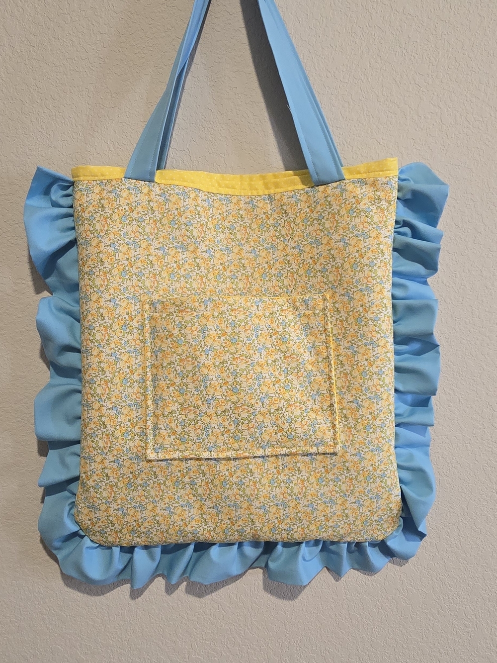 Handmade Yellow Floral Tote Bag with Blue Ruffle Trim